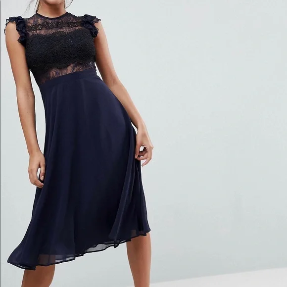 ASOS | Dresses | Asos Lace Panel Midi Dress In Navy Us Size 4 | Poshmark